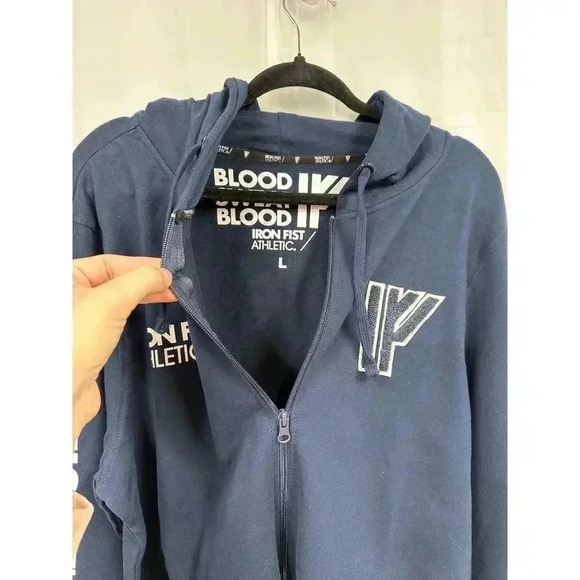 NWT Iron Fist Athletics Large Navy Blue Full Zip Mens Hoodie Striped Gym Workout - Picture 2 of 7